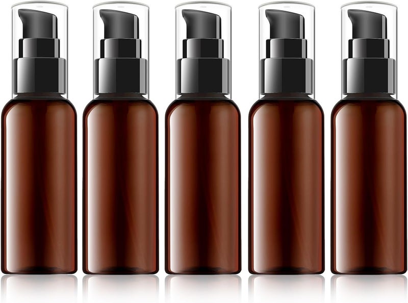RAYNAG 5 Pack Travel Pump Bottles Empty Refillable Plastic Pump Bottle Spray Bottle Dispenser With Black Cap for Lotion Cream Essential Oil Travel Container, 50ml/1.7oz (Brown)