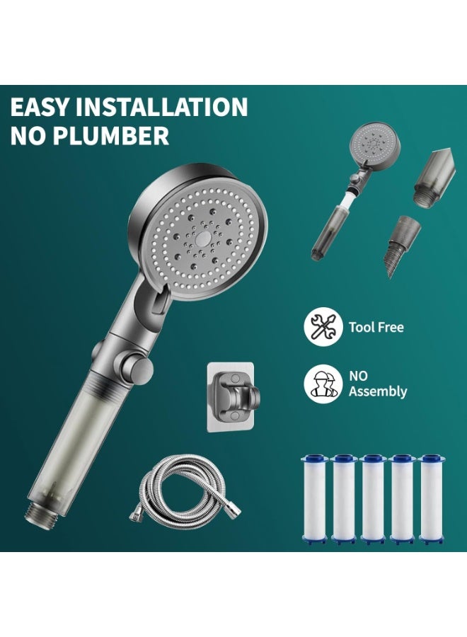 Bukela Filtered High Pressure Shower Head, 5 Spray Settings + 5 Replacement Filters, Showerhead witch ON/OFF Switch, Detachable Showerhead Set with Stainless Steel Hose and Adjustable Bracket, Easy Install - Image 5