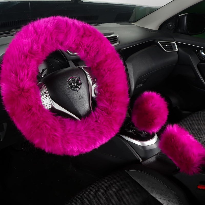 Sheepskin Steering Wheel Cover 3-Piece Set - Cozy Year-Round Comfort Fluffy Wool Steering Wheel Wrap - Elegant Rose Red Style for Car Interior Upgrade, Drivers With Sensitivity Or Sweaty Hands - Image 1