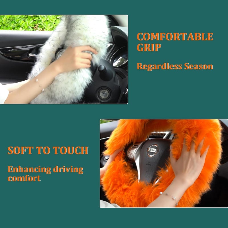 Sheepskin Steering Wheel Cover 3-Piece Set - Cozy Year-Round Comfort Fluffy Wool Steering Wheel Wrap - Elegant Rose Red Style for Car Interior Upgrade, Drivers With Sensitivity Or Sweaty Hands - Image 4