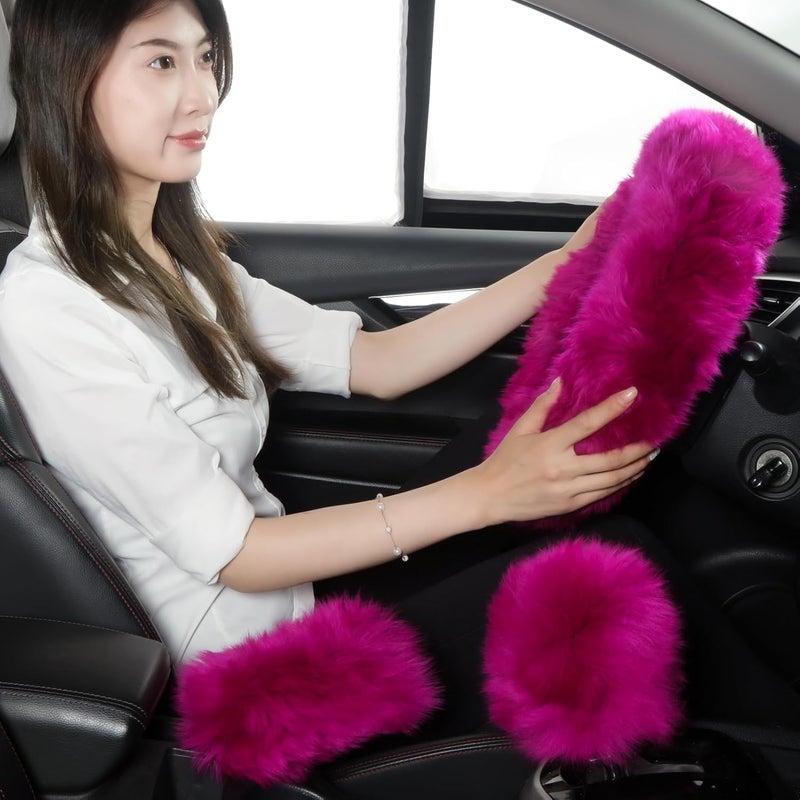 Sheepskin Steering Wheel Cover 3-Piece Set - Cozy Year-Round Comfort Fluffy Wool Steering Wheel Wrap - Elegant Rose Red Style for Car Interior Upgrade, Drivers With Sensitivity Or Sweaty Hands - Image 2