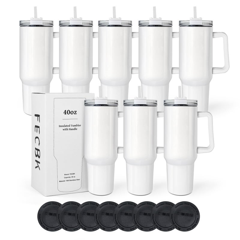 FECBK 40 oz Sublimation Tumbler with Handle and Straw Keeps Cold for 34 Hours 8 Pack Stainless Steel Double Wall Vacuum Insulated Travel Mug Cup Tumblers Bulk Sublimation Blank White