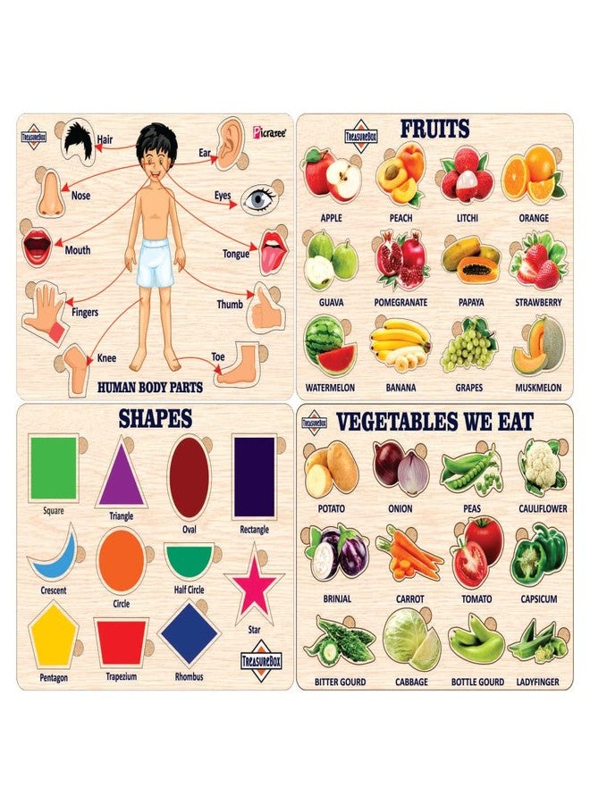 TreasureBox Wooden Puzzle Educational Board Learning Toy Tray for Kids - Fruits, Vegetables, Shapes, Human Body Parts, Size 22x30 cm (Z FR-VG-SH-BP) - Image 1