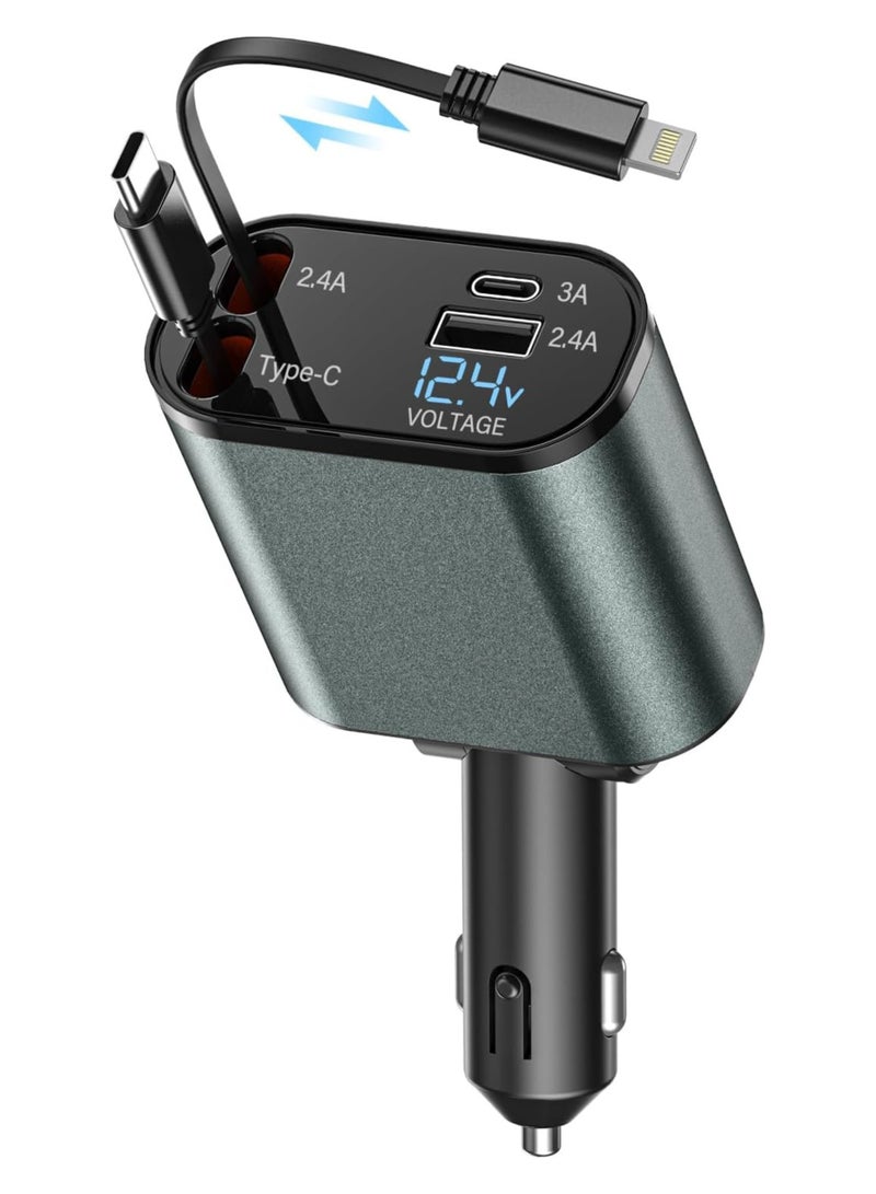 120 Watt Retractable Car Charger 4 in 1 Car Charger Adapter with Retractable Cables and Voltage Display, for 12V / 24V Vehicles, Compatible with iPhone, Android, Samsung Galaxy - Image 1
