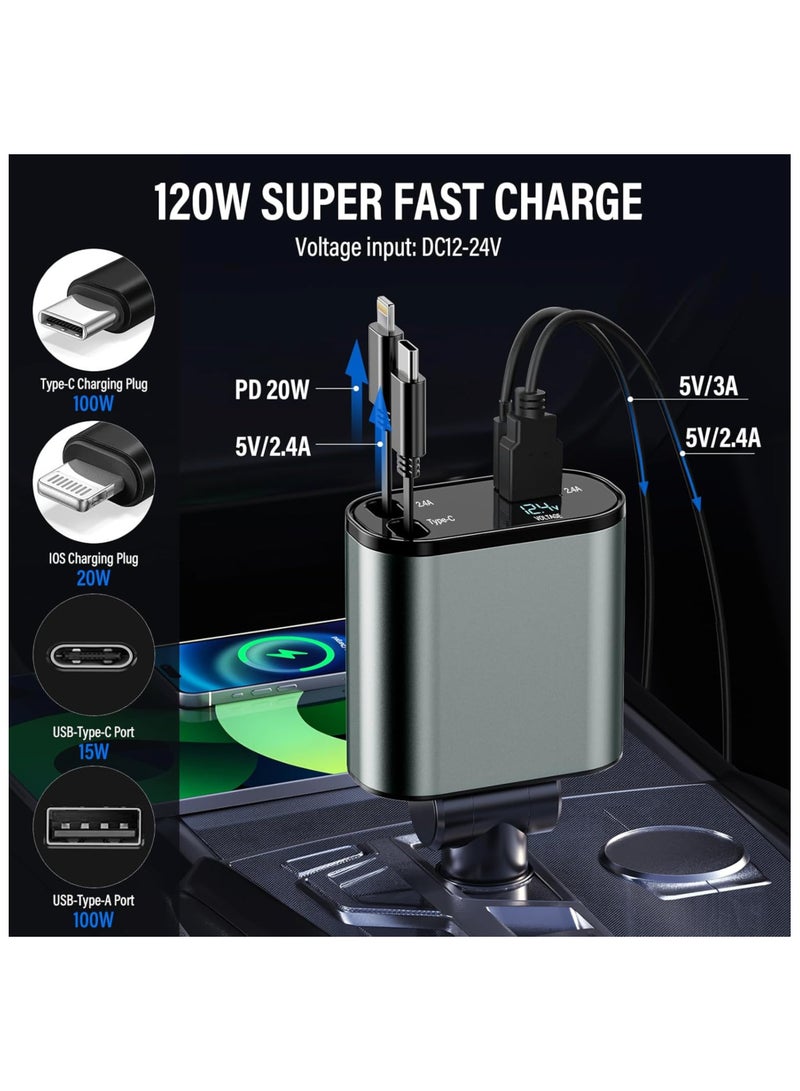 120 Watt Retractable Car Charger 4 in 1 Car Charger Adapter with Retractable Cables and Voltage Display, for 12V / 24V Vehicles, Compatible with iPhone, Android, Samsung Galaxy - Image 2