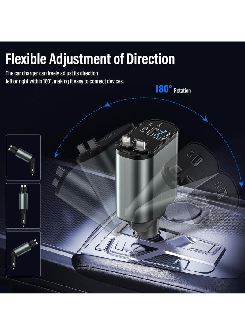 120 Watt Retractable Car Charger 4 in 1 Car Charger Adapter with Retractable Cables and Voltage Display, for 12V / 24V Vehicles, Compatible with iPhone, Android, Samsung Galaxy - Image 5