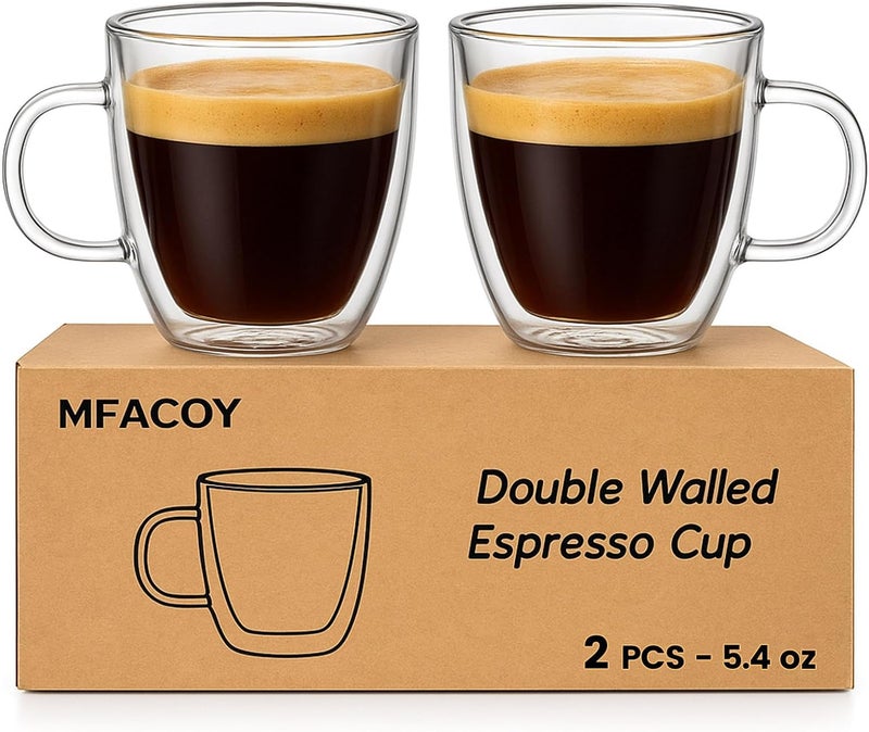 Mfacoy Glass Double Wall Insulated Espresso Cups (Set of 2), 5.4 oz Shots Cup with Handle, Insulated Glasses Mugs, Small Coffee Cups, Shot Glass - Image 1