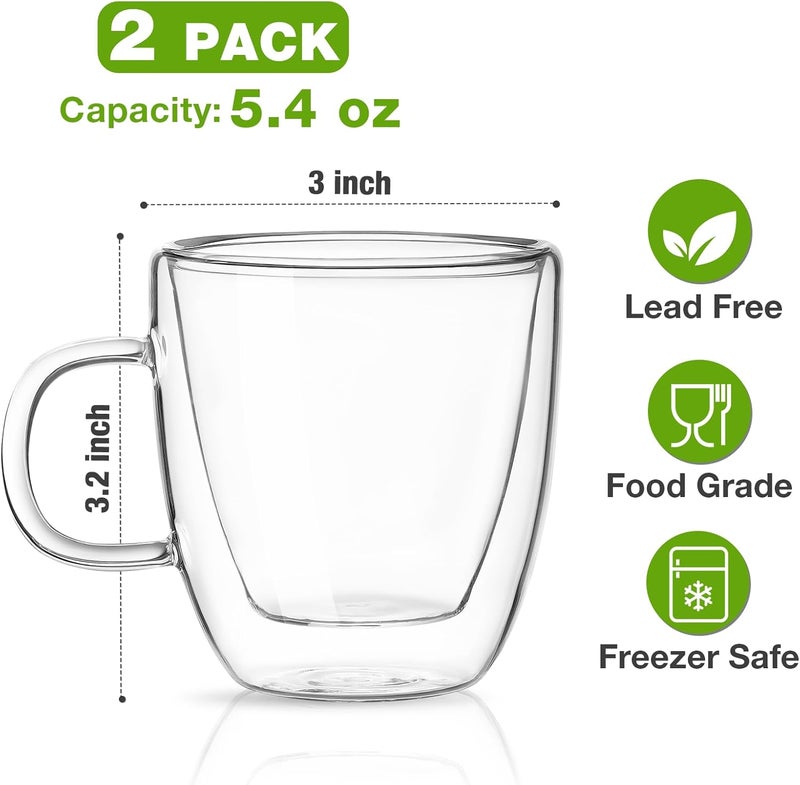 Mfacoy Glass Double Wall Insulated Espresso Cups (Set of 2), 5.4 oz Shots Cup with Handle, Insulated Glasses Mugs, Small Coffee Cups, Shot Glass - Image 5
