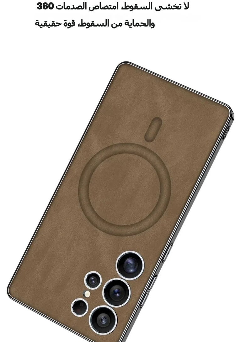 general Magnetic Case Compatible with Samsung Galaxy S25 Ultra Case, Electroplating Vegan Leather Frosted Phone Case Soft Edge Protective Cover Support Wireless Charging - Image 3