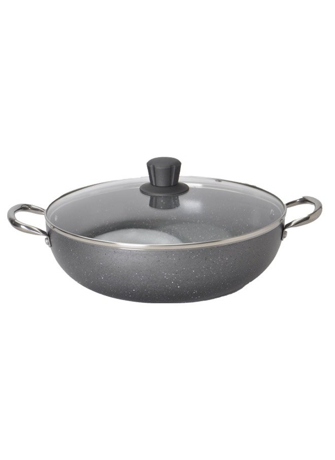 Badraig - Non-Stick Granite Wok Pan With Glass Lid With Steel Handle Dark Grey 26 | 28 | 30 | 32 cm - Image 1