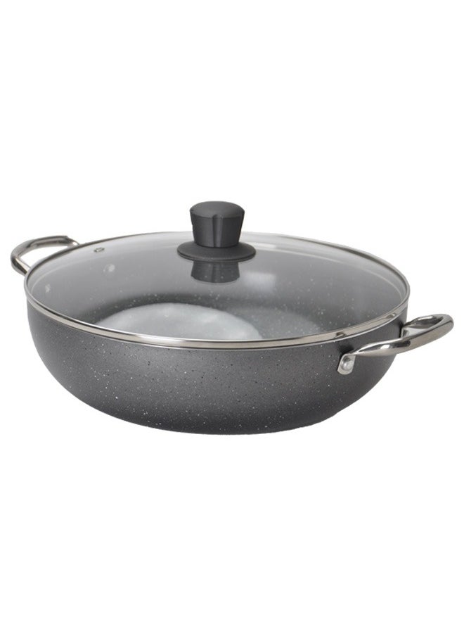 Badraig Non-Stick Granite Wok Pan With Glass Lid With Steel Handle Dark Grey 26 | 28 | 30 | 32 cm  - Image 3
