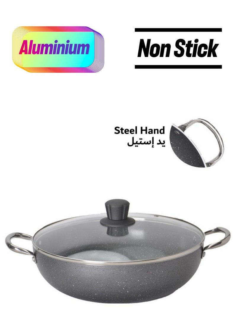 Badraig Non-Stick Granite Wok Pan With Glass Lid With Steel Handle Dark Grey 26 | 28 | 30 | 32 cm  - Image 1