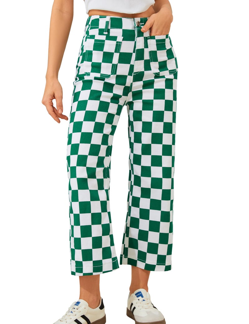 Odefou Cropped Jeans for Women Checkered Pants Casual High Waisted Stretchy Straight Leg Trousers with Pockets(Green Checkered,2) - Image 1