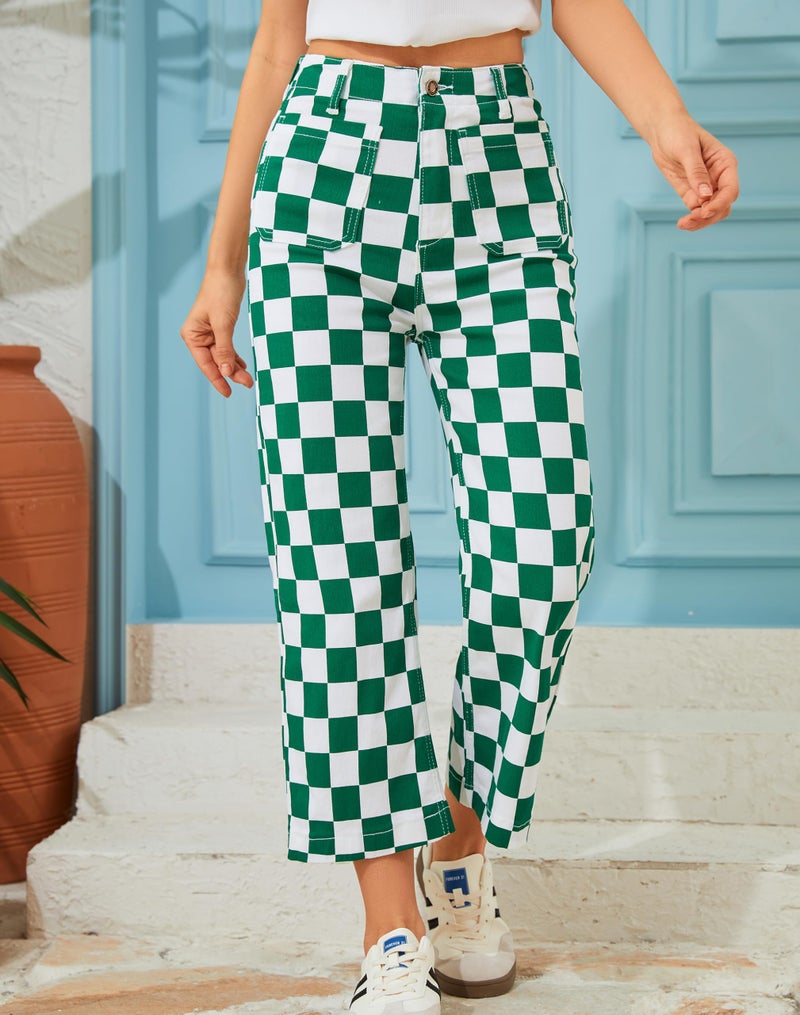 Odefou Cropped Jeans for Women Checkered Pants Casual High Waisted Stretchy Straight Leg Trousers with Pockets(Green Checkered,2) - Image 4