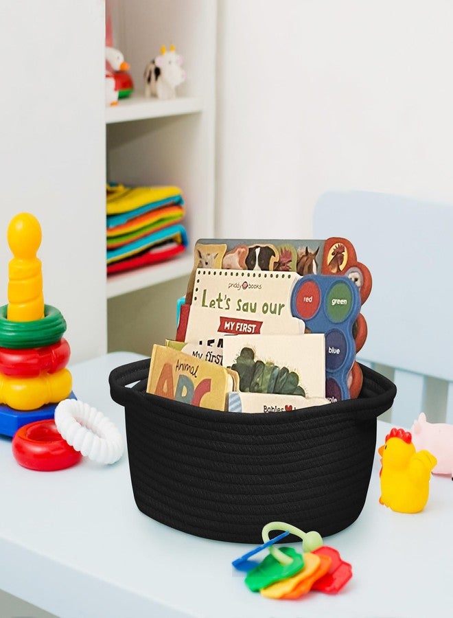 HONCESTA Small Woven Gift Basket, Baskets for Gifts Empty, Cotton Rope Cat Dog Toy Bin Box, Nursery Baby Organizer, Wicker Easter Basket with Handle, Shelf Storage Bin for Decor, Black, 12"x 8"x 5" - Image 4