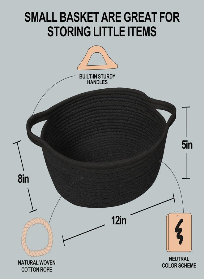 HONCESTA Small Woven Gift Basket, Baskets for Gifts Empty, Cotton Rope Cat Dog Toy Bin Box, Nursery Baby Organizer, Wicker Easter Basket with Handle, Shelf Storage Bin for Decor, Black, 12"x 8"x 5" - Image 2