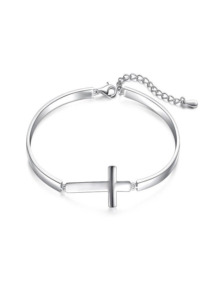 DAOCHONG S925 Sterling Silver Sideways Pure Cross Communion Baptism Adjustable Cuff Bangle Bracelets for Women - Image 1
