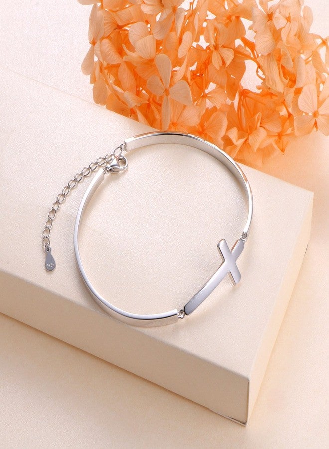 DAOCHONG S925 Sterling Silver Sideways Pure Cross Communion Baptism Adjustable Cuff Bangle Bracelets for Women - Image 4
