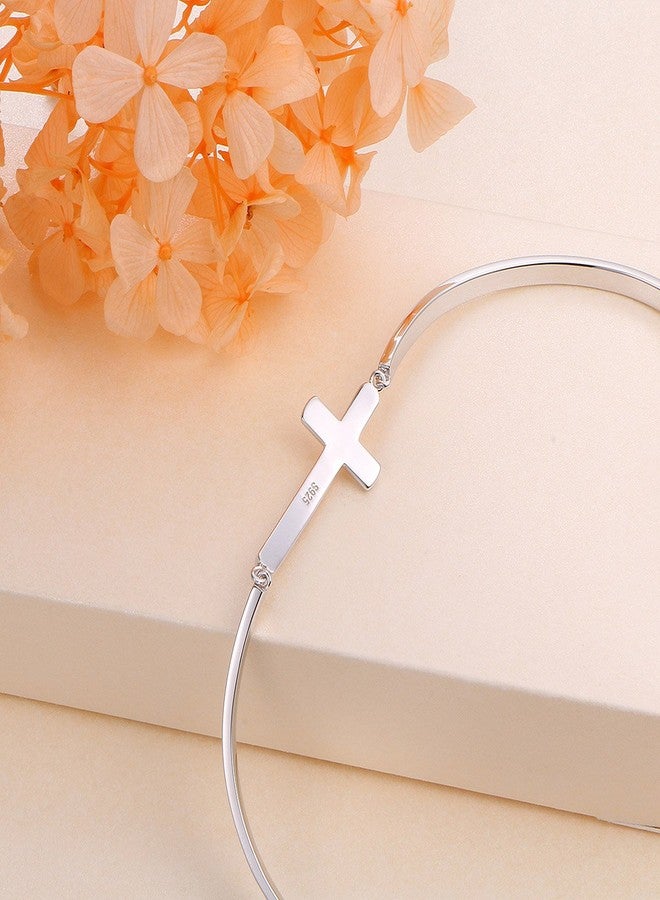 DAOCHONG S925 Sterling Silver Sideways Pure Cross Communion Baptism Adjustable Cuff Bangle Bracelets for Women - Image 5