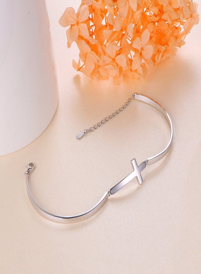 DAOCHONG S925 Sterling Silver Sideways Pure Cross Communion Baptism Adjustable Cuff Bangle Bracelets for Women - Image 3