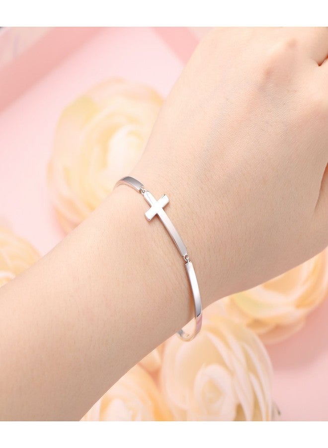 DAOCHONG S925 Sterling Silver Sideways Pure Cross Communion Baptism Adjustable Cuff Bangle Bracelets for Women - Image 2