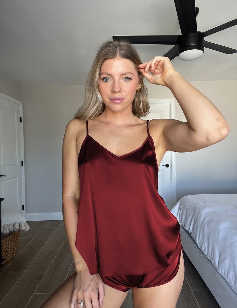 Ekouaer Silk Pajamas for Women Satin Cami Pjs Set V Neck Camisole Shorts Set Adjustable Strap Sleepwear Dark Red - Image 4