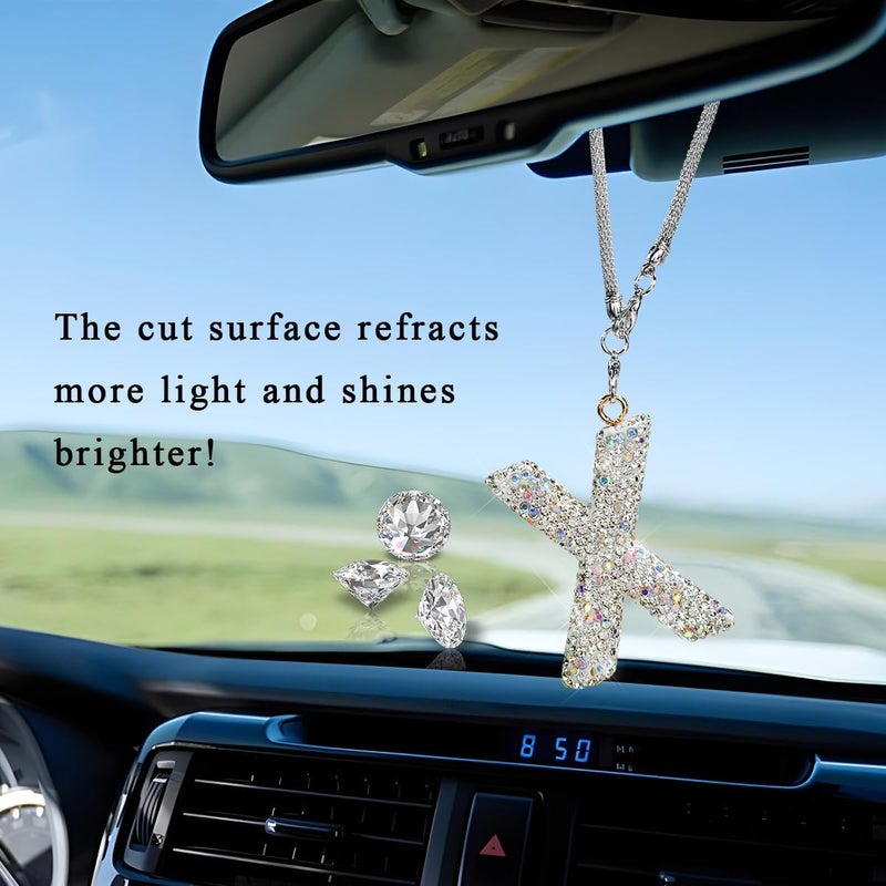 DXNQ Bling Initial Car Rear View Mirror Ornament, Crystal Sparkling Cute Letter Charm Pendant Auto Decor, Hanging Lucky Diamond Initial Charm Car Mirror Bag Ornament for Girl Women (Letter X) - Image 3