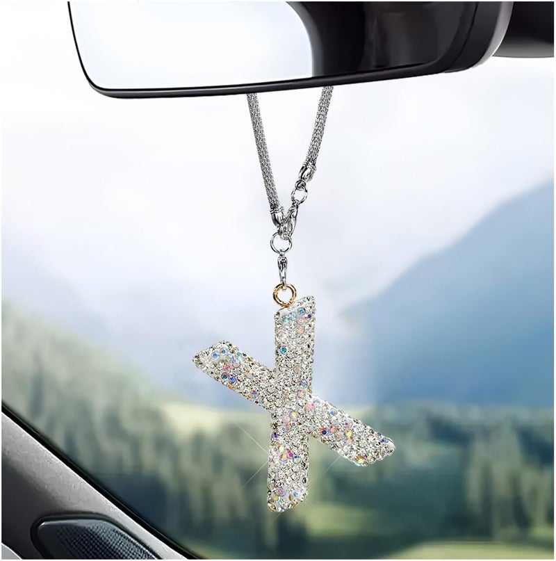 DXNQ Bling Initial Car Rear View Mirror Ornament, Crystal Sparkling Cute Letter Charm Pendant Auto Decor, Hanging Lucky Diamond Initial Charm Car Mirror Bag Ornament for Girl Women (Letter X) - Image 1