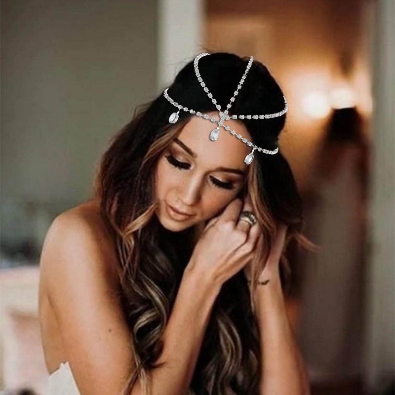 Yalice Layered Head Chain Rhinestone Head Jewelry Sparkly Bridal Headpieces Sparkle Crystal Headbands Wedding Prom Hair Jewelry for Women and Girls (Silver, One Size) - Image 3