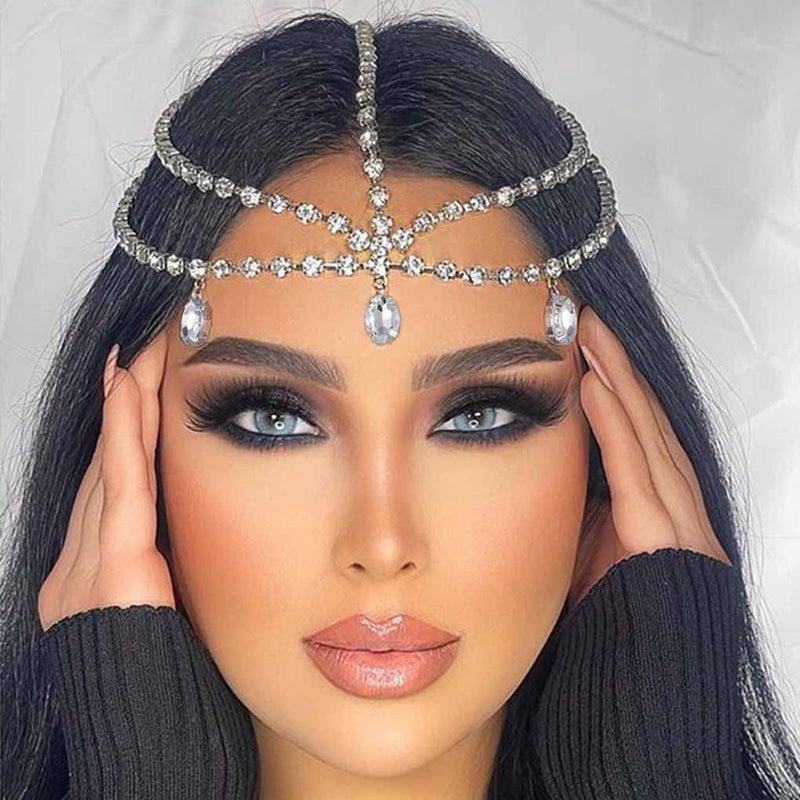 Yalice Layered Head Chain Rhinestone Head Jewelry Sparkly Bridal Headpieces Sparkle Crystal Headbands Wedding Prom Hair Jewelry for Women and Girls (Silver, One Size) - Image 5
