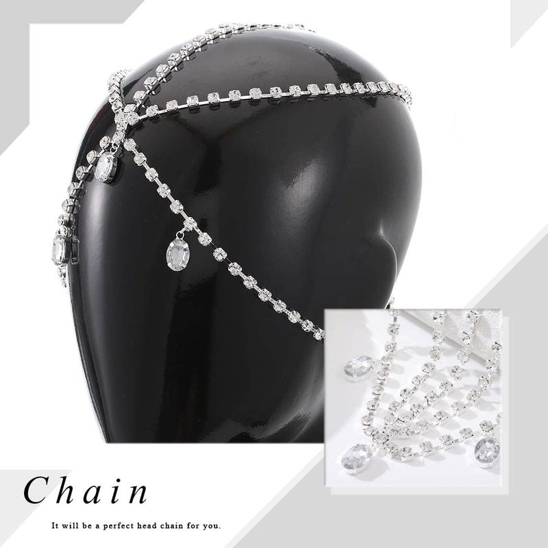 Yalice Layered Head Chain Rhinestone Head Jewelry Sparkly Bridal Headpieces Sparkle Crystal Headbands Wedding Prom Hair Jewelry for Women and Girls (Silver, One Size) - Image 4