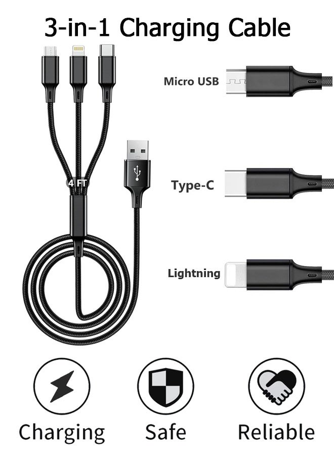 3 in 1 Charger Cable Nylon Braided Multiple USB Cable Universal Phone Charging Cord with Type-C, Micro USB, IP Port for iPhone17/16/15 Series/Cell Phones and More(Black/1.2M)