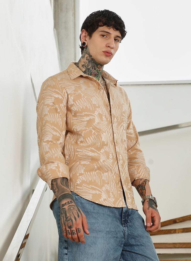 Campus Sutra Men's Beige Abstract Printed Full Sleeve Shirt  - Image 3