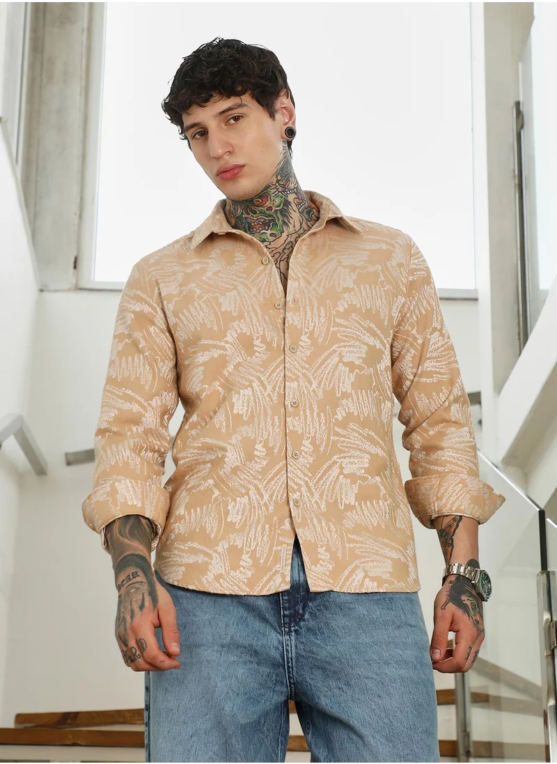 كامبوس سوترا Men's Beige Abstract Printed Full Sleeve Shirt