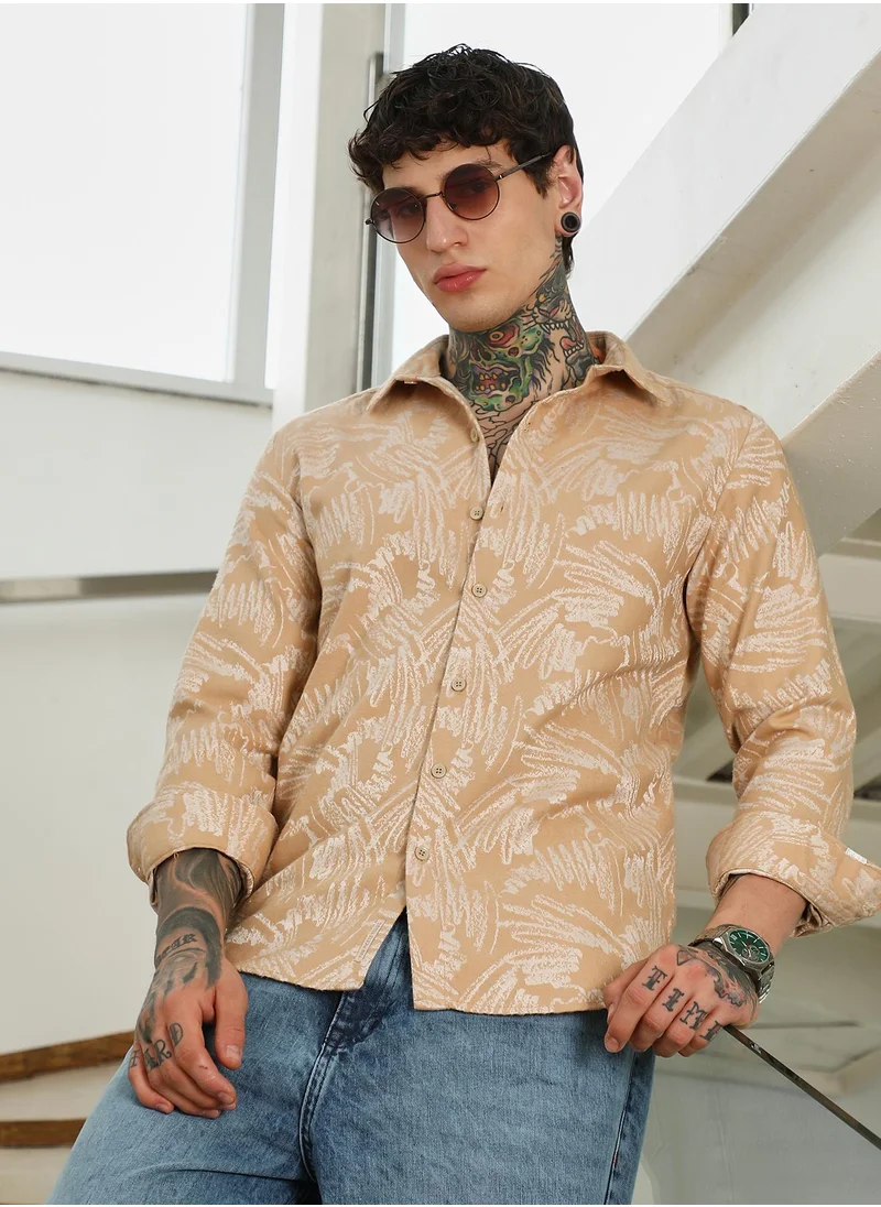كامبوس سوترا Men's Beige Abstract Printed Full Sleeve Shirt