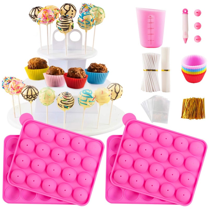 NICE KITCHEN Cake Pop Maker Kit with 2 Silicone Mold Sets with 3 Tier Cake Stand, Chocolate Candy Melts Pot, Silicone Cupcake Molds, Paper Lollipop Sticks, Decorating Pen with 4 Piping Tips, Bag and Twist Ties - Image 1