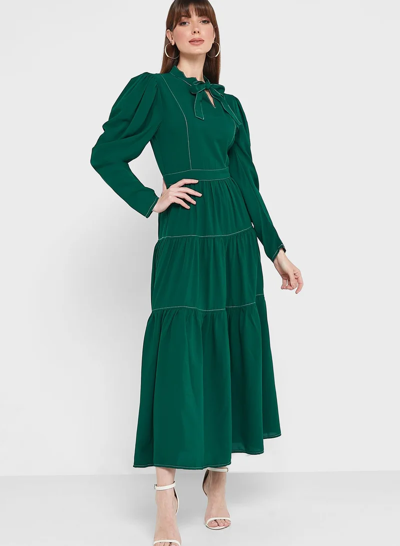 ELLA Tie Neck Tiered Midi Dress