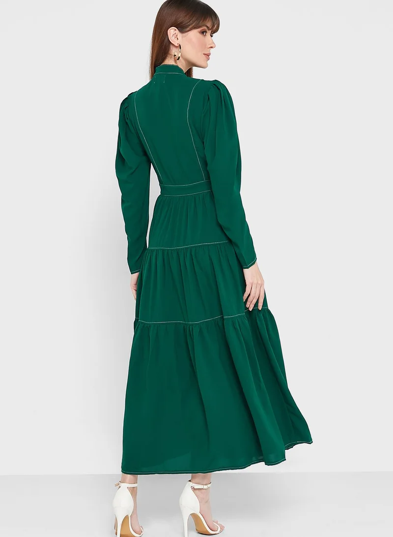 ELLA Tie Neck Tiered Midi Dress