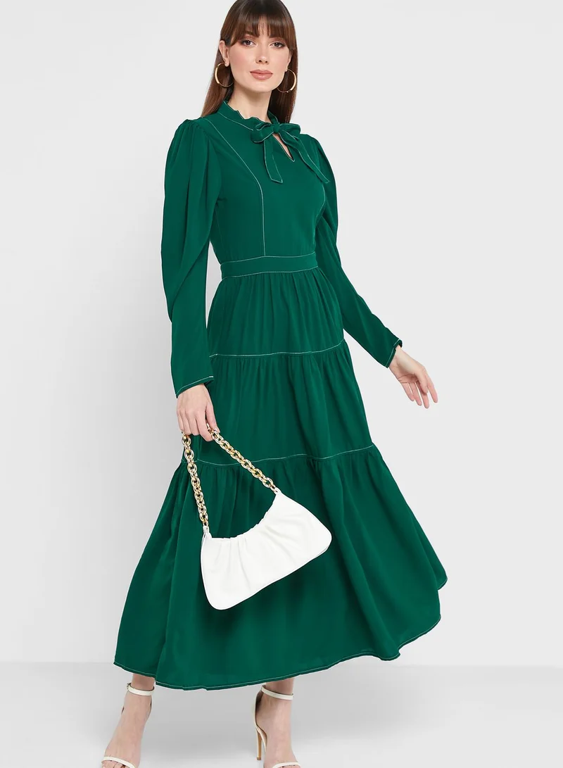 ELLA Tie Neck Tiered Midi Dress