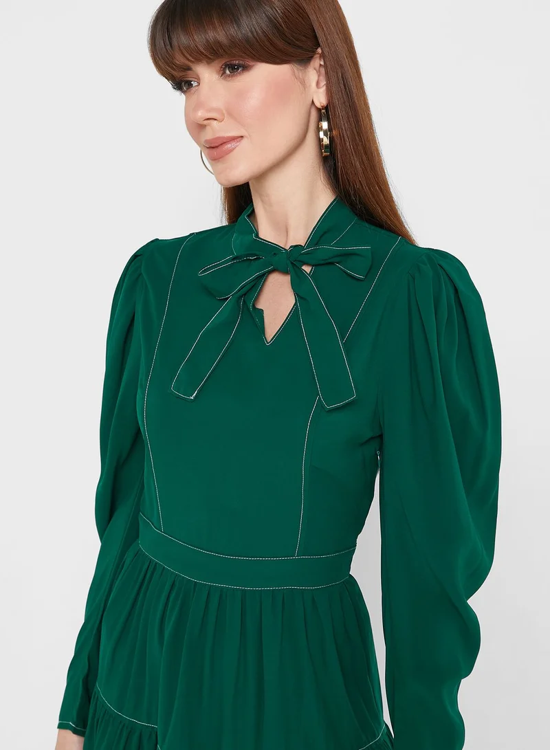 ELLA Tie Neck Tiered Midi Dress