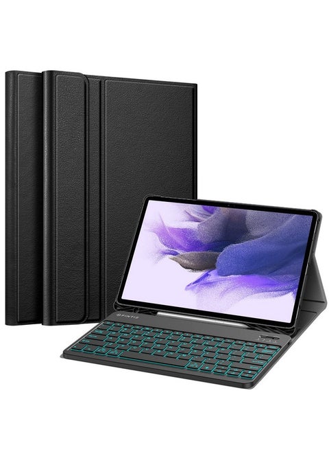 حافظة لوحة مفاتيح Fintie لجهاز Samsung Galaxy Tab S8 Plus 2022/S7 FE 2021/S7 Plus 2020 مقاس 12.4 بوصة، [إضاءة خلفية بسبعة ألوان] حافظة رفيعة مع لوحة مفاتيح لاسلكية قابلة للفصل بتقنية البلوتوث، أسود