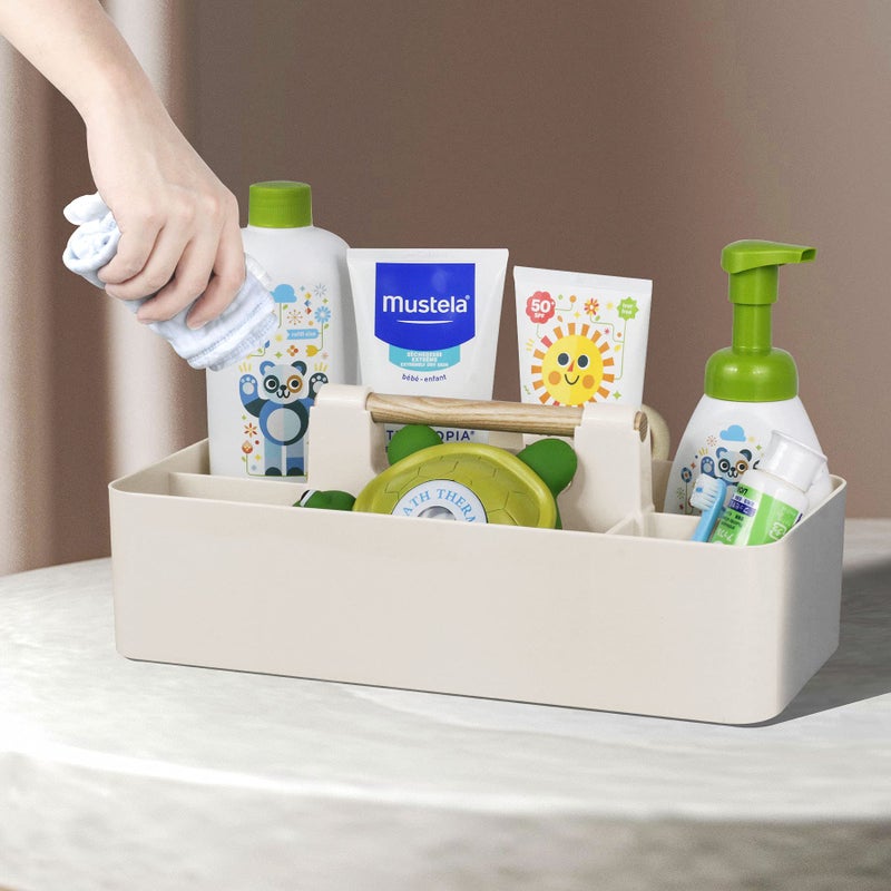 ChengFu Baby Shower Caddy Plastic Nursery Portable Storage Organizer Caddy Tote for Child/Kids, Divided Basket Bin with Wood Handle for Bathroom, Dorm Room, Holds Hand Soap, Bottles, Spoons (Beige) - Image 4