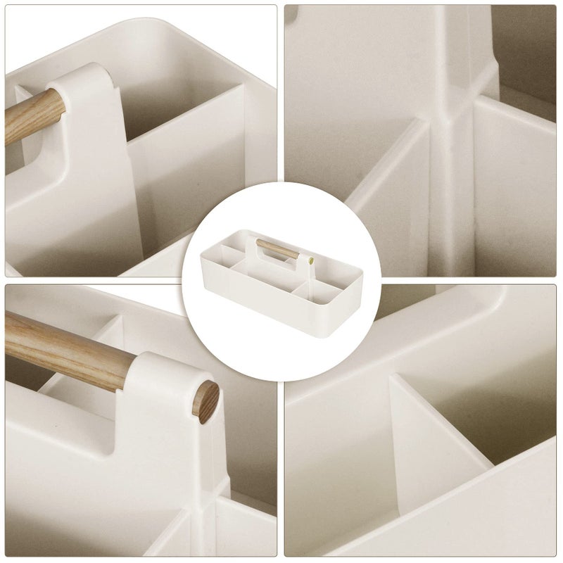 ChengFu Baby Shower Caddy Plastic Nursery Portable Storage Organizer Caddy Tote for Child/Kids, Divided Basket Bin with Wood Handle for Bathroom, Dorm Room, Holds Hand Soap, Bottles, Spoons (Beige) - Image 3