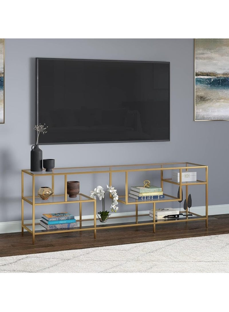 HOME TASTE TOMSUN Gold Metal Frame and Glass TV Stand | Pre Assembled 177.8 x 40.6 x 61 cm | Sleek Entertainment Center | Stylish & Multifunctional TV Unit with Multiple Tiered Shelves - Image 1