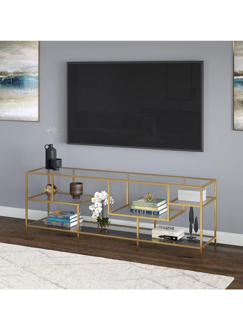HOME TASTE TOMSUN Gold Metal Frame and Glass TV Stand | Pre Assembled 177.8 x 40.6 x 61 cm | Sleek Entertainment Center | Stylish & Multifunctional TV Unit with Multiple Tiered Shelves - Image 3
