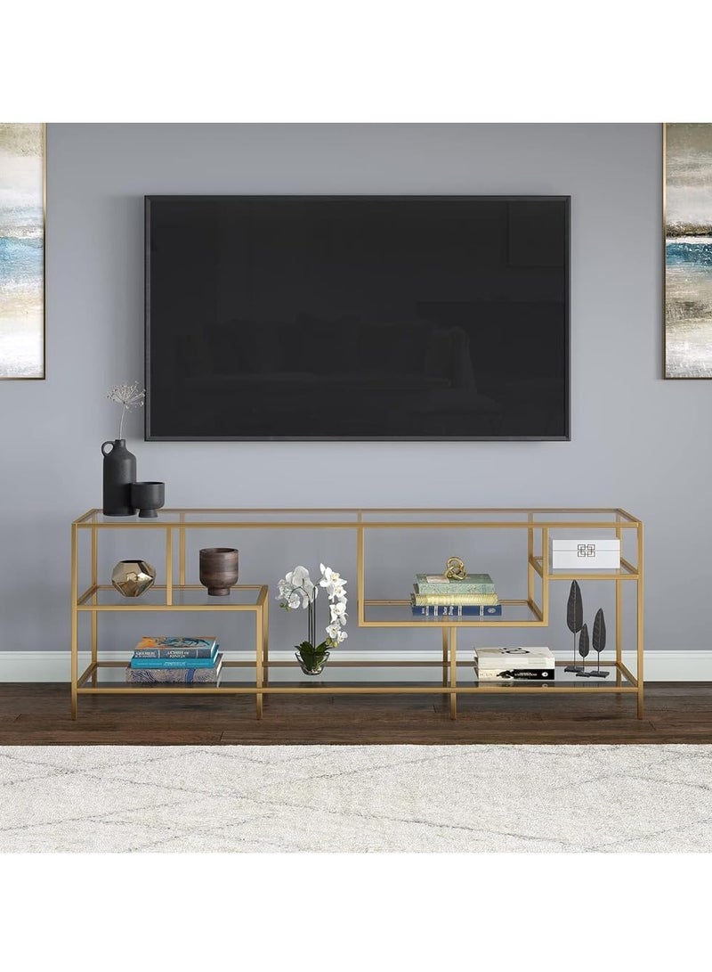 HOME TASTE TOMSUN Gold Metal Frame and Glass TV Stand | Pre Assembled 177.8 x 40.6 x 61 cm | Sleek Entertainment Center | Stylish & Multifunctional TV Unit with Multiple Tiered Shelves - Image 4