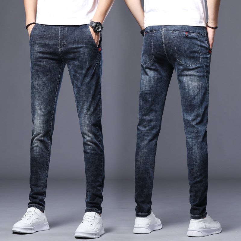 Generic One-piece delivery young mens foreign trade slim fit skinny jeans mid-waist Korean style fashionable mens stretch long pants 8605# Dark Blue 