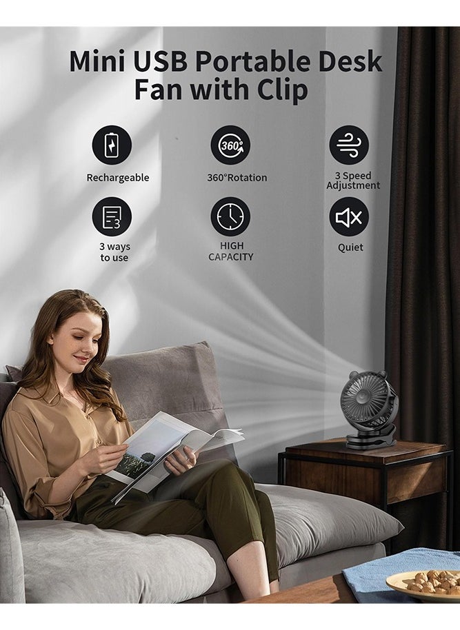 بيبي لاند مروحة محمولة بمشبك، مروحة مكتب صغيرة تعمل بالبطارية، دوران 360 درجة، تصميم لطيف، 3 سرعات، مروحة طاولة صغيرة قابلة لاعادة الشحن بمنفذ USB، مروحة تبريد شخصية لعربة الاطفال للمنزل والمكتب والسفر (أسود)  - Image 2