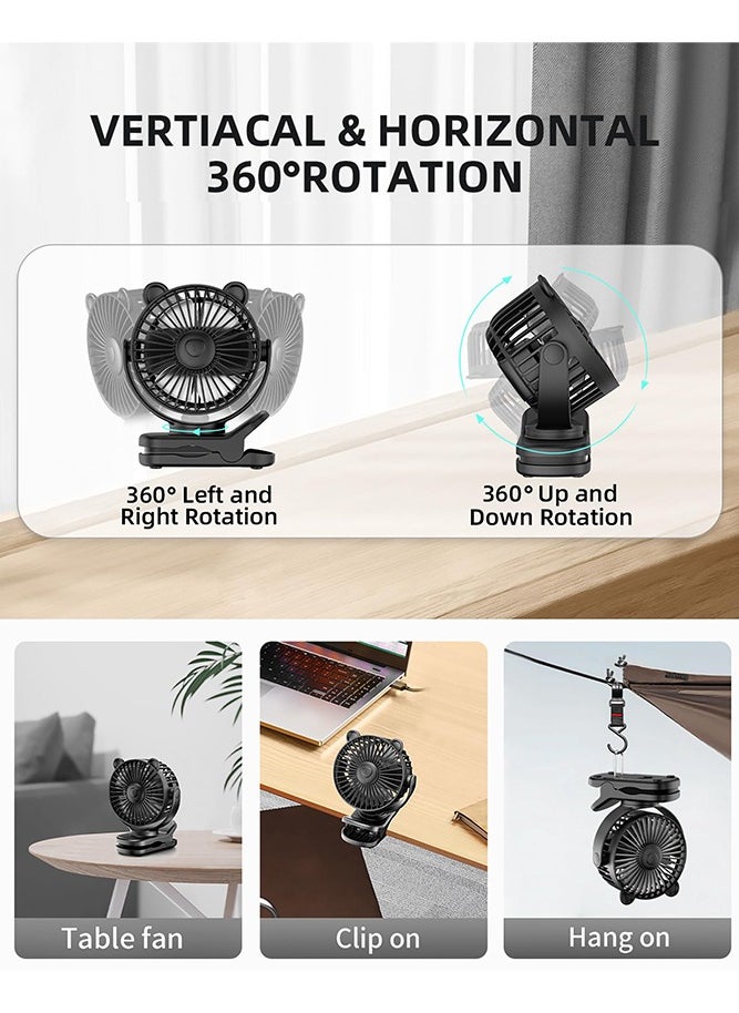 بيبي لاند مروحة محمولة بمشبك، مروحة مكتب صغيرة تعمل بالبطارية، دوران 360 درجة، تصميم لطيف، 3 سرعات، مروحة طاولة صغيرة قابلة لاعادة الشحن بمنفذ USB، مروحة تبريد شخصية لعربة الاطفال للمنزل والمكتب والسفر (أسود)  - Image 3