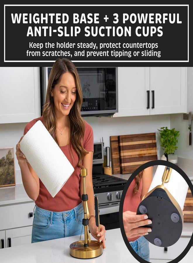 Dear Household حامل مناشف ورقية بذراع شد من الفولاذ المقاوم للصدأ - سهل الاستخدام بيد واحدة - يتميز موزع المناشف الورقية المتين هذا، المصمم لوضعه على سطح الطاولة، بأكواب شفط ويتسع لجميع لفائف المناشف الورقية (ذهبي). - Image 2